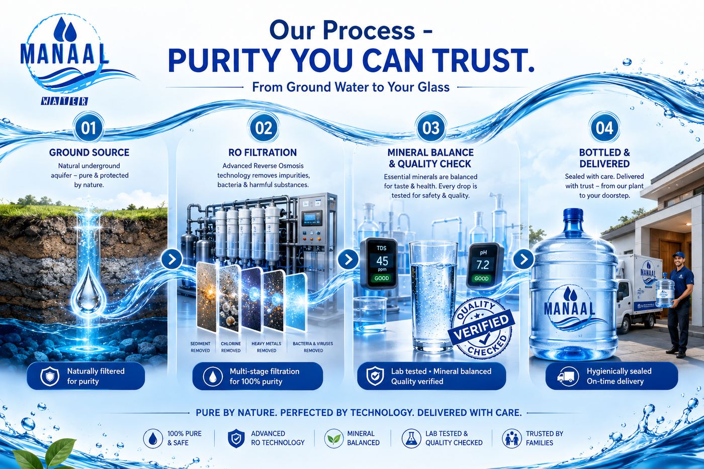 Manaal Water process showing ground source, RO filtration, mineral balance and quality check, bottled and delivered